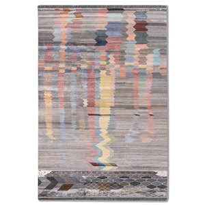 Tapis géométrique gris et noir Freedom Manchaha en laine et soie de bambou noué à la main, technique de tissage plat pour salon - Product Image 1