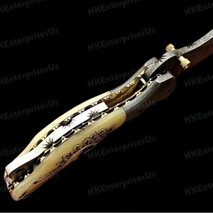 มีดพับเหล็กดามัสกัสพร้อมที่จับกระดูกคลิปจับกระเป๋าสำหรับตัดล่าสัตว์ - Product Image 6