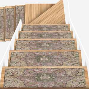 Tapis d'escalier imprimé, design Oushak, motif médaillon, tons doux, moderne, gobelin - Product Image 3