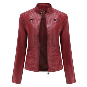 Chaqueta de cuero PU de motociclista clásico para mujer, abrigo básico ajustado con cremallera de piel sintética, ropa de abrigo de lona teñida lisa con relleno de algodón - Product Image 5