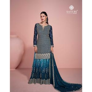 ผ้าไหมชาราร่าชินอนสวยงามสำหรับผู้หญิงซาลวาร์คาเมซเย็บแบบดั้งเดิมลำดับปาลาซโซดูฮัตตาสำหรับงานแต่งงาน - Product Image 1