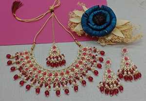 Nuevo diseño chapado en oro tradicional gota perla y Kundan tachonado pendiente Mangtika gargantilla collar conjunto y conjunto de joyería para mujer - Product Image 5