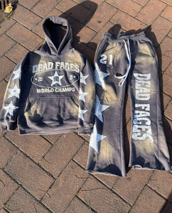 2025 Échantillon gratuit Sweat à capuche zippé et pantalon de jogging évasé pour homme en polyester, style vintage automne, avec patch brodé, appliqué et effet délavé à l'acide - Product Image 6
