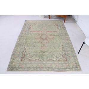 0.4x6.9 ft Turkish Rug, Vintage <b>Runner</b> Rug, <b>Green</b> Brown Floral Wool Rug - Product Image 1