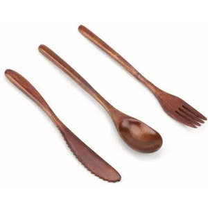 Ensemble de couverts artisanaux 3 pièces de style américain moderne avec de longues poignées en bois naturel et en acier inoxydable fabriqué à la main - Product Image 1