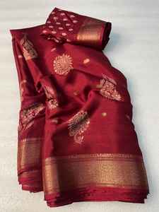 ผ้าส่าหรีผ้าไหมหนาสำหรับผู้หญิงสวยที่มีขอบบุสองสีแบบทอ - Product Image 6