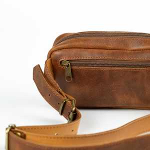 Sac de taille unisexe en cuir de vachette vintage LWB-0121 avec fermeture à glissière ceinture de sac à main de voyage et de randonnée avec logo amusant - Product Image 3