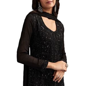 Abito Palazzo Chinon nero con taglio Dana e paillettes lavoro all'ingrosso donna abbigliamento etnico abbigliamento OEM fabbrica di abbigliamento alla rinfusa su misura - Product Image 2