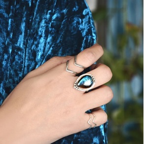 Women's Chunky Boho Sterling Silver <b>Labradorite</b> Gemstone <b>Ring</b> Teardrop Stone Wedding Jewelry - Product Image 4