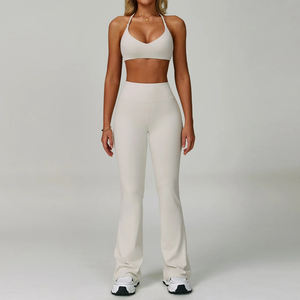 Ensemble de yoga 5 pièces grande taille : Leggings sans couture, soutien-gorge de sport, bretelles croisées unies, col en V, taille élastique, tissu extensible, personnalisable - Product Image 5