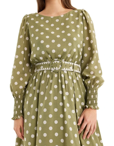 ชุดเดรสลายจุดเซ็กซี่ ปี 2026 คอกลม แขนยาว แต่งปลายแขนจับจีบ พร้อมเข็มขัดรัดเอวแบบยืดหยุ่น - Product Image 5