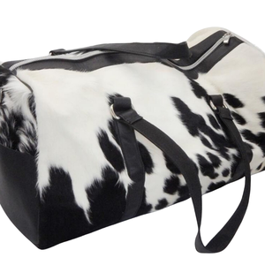 Black & <b>White</b> Cowhide Leather Duffel <b>Bag</b> Handmade Travel Weekender Zipper Closure Large Capacity Long <b>Shoulder</b> Straps for Unisex - Product Image 1