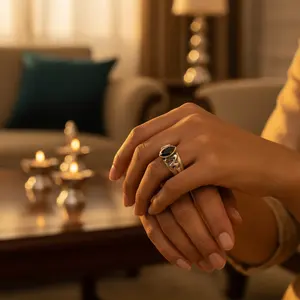 Bague en argent sterling avec pierre noire ovale géométrique faite à la main pour femmes - Plaqué rhodium - Product Image 1