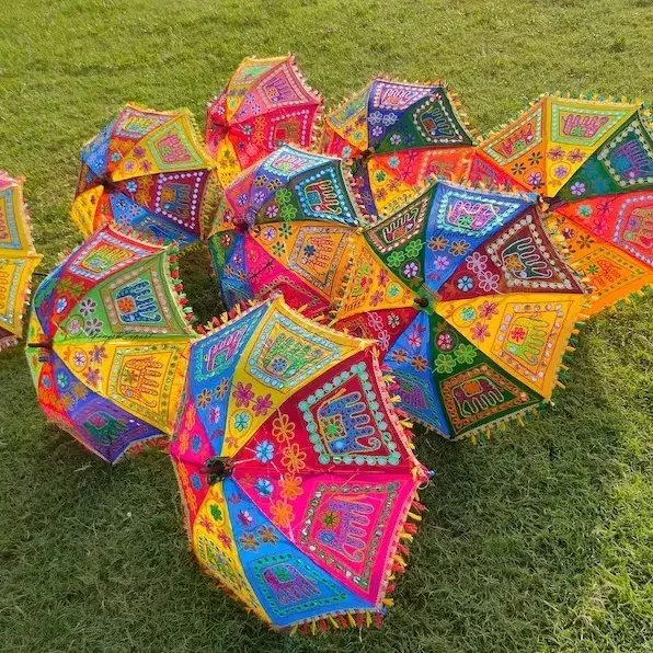 Indiase Paraplu Parasol Decoratieve Groothandel Zonnescherm Bruiloft Verbetering Handgemaakte Geborduurde Traditionele Brolly Voor Feest