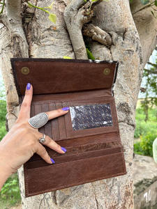 กระเป๋าสตางค์หนังวัวแบบพับสามทบขนาดใหญ่มีซิปกระเป๋าเงินสำหรับเดินทางกระเป๋าเงินผู้หญิงหนังแท้แบบตะวันตกมีซิป - Product Image 5