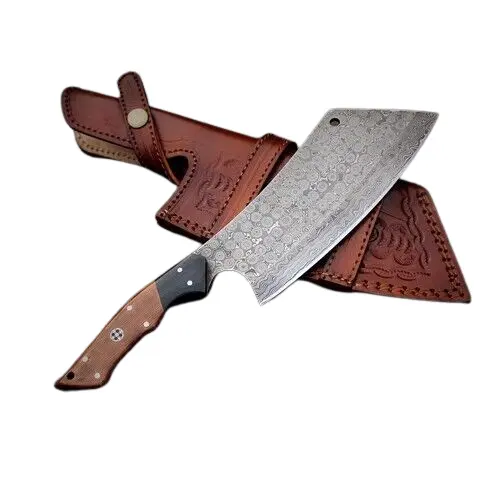 Handmade Damascus Steel Wooden Handle knives Chef Cleaver Cutting Knives with Leather Sheath Full Tang