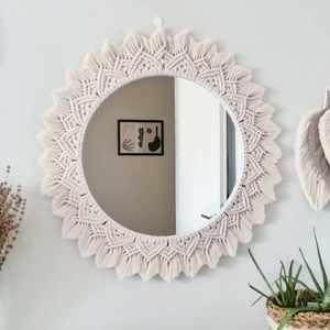 <b>Vintage</b> Inspired Boho <b>Mirror</b> Wall Hanging Handcrafted Macrame Art with Soft Cotton Fringe Modern Home Decor with an Antique - Product Image 1