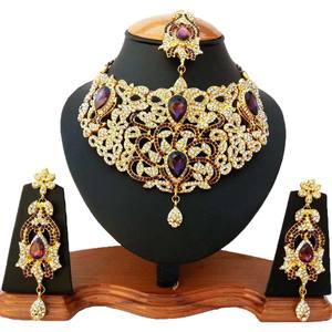 Vintage Crystal Rhinestone Flower Shape Alloy Jewelry Set Necklace Earrings Headpiece Gold Plated Purple Women Wedding Party - Product Image 1