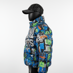 Chaqueta acolchada cálida para mujer, chaqueta acolchada ligera de poliéster con estampado azul y verde, logotipo personalizado, chaqueta acolchada bordada con prensa de calor para mujer - Product Image 3