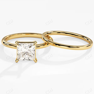 Princesa corte Moissanite solitario compromiso anillo nupcial conjunto 14K oro amarillo sólido liso boda banda certificada boda banda - Product Image 1
