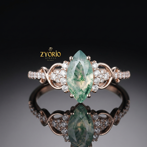 Bague de fiançailles en or 18 carats avec agate mousse marquise, bague halo torsadée infini de luxe - Product Image 3