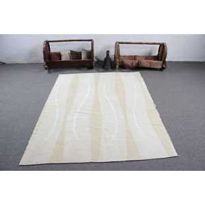 Tapis vintage 6,46 x 5 pieds, tapis turc, tapis en laine rayé blanc - Product Image 3