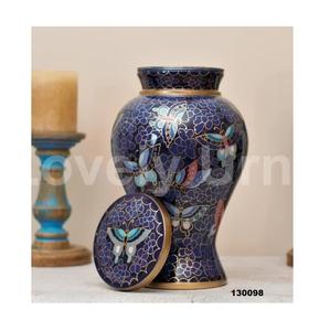 Urna de mariposas clásica pintada a mano Urna de cremación de urna azul real floral para cenizas humanas con bolsa de terciopelo gratis - Product Image 1