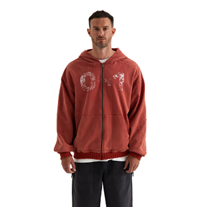 Sweat à capuche zippé en molleton imprimé délavé, style streetwear, broderie personnalisée, nouveau design, 100% coton, hiver, vente en gros pour hommes - Product Image 2