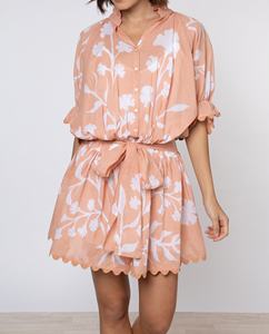 Autumn Floral Bohemian Mini Dress with Scalloped Neckline Large White Flower Print Chiffon Adjustable Waist Tie <b>Slip</b> Included - Product Image 1