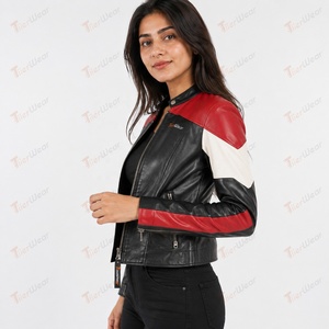 Chaqueta de Motociclista de Cuero Genuino para Mujer TiierWear, Diseño Color Block Negro, Rojo y Blanco, Cierre de Cremallera, Cuello Alto, Estilo Otoñal - Product Image 4