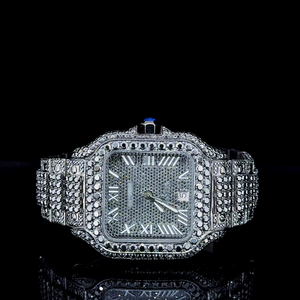 Montre mécanique pour homme en acier inoxydable, cadran carré, verre saphir, entièrement sertie de diamants, chiffres romains bleus, sertissage pavé, logo personnalisé - Product Image 1