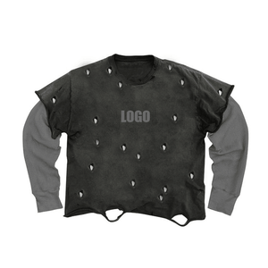 Camiseta Vintage de manga larga de doble capa para hombre, personalizada, de alta calidad, 100% algodón, de gran tamaño, lavado ácido, diseño cuadrado a rayas - Product Image 6