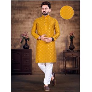 Ropa festiva de compromiso de boda exclusiva para hombre, diseñador de colores brillantes, algodón pesado, Kurta con espejo, trabajo en ambos bolsillos laterales - Product Image 1