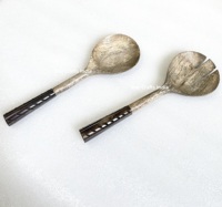 Desain Terbaik SCI trendi kualitas kerajinan piring Salad kayu grosir dengan Enamel dicetak pegangan desain terbaru Salad Set Server