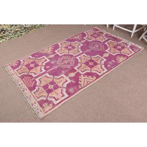 4x7.2 ft Rug, Turkish Vintage Rug, Pink <b>Yellow</b> Check <b>Wool</b> Rug - Product Image 2