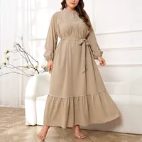 Robe longue grande taille pour femme à manches longues, col montant, taille nouée, ourlet à volants, en polyester, faible MOQ
