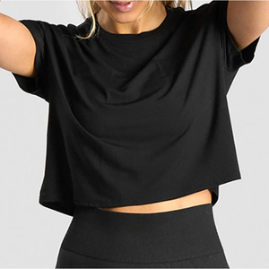 Women's <b>Black</b> <b>Crop</b> <b>Top</b> <b>Short</b> <b>Sleeve</b> Crew Neck Loose Fit Knitted Cotton Casual T-Shirt Trackstar OEM Private Label TSI-G05-P0206 - Product Image 3