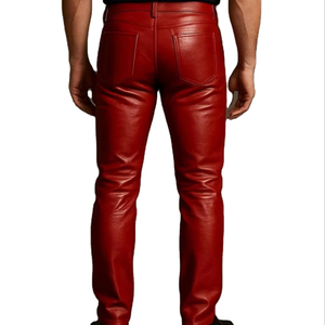 Pantalones de Cuero de Cordero Borgoña para Hombre, Pantalones de Cuero Rojo, Pantalones de Motociclista de Cuero de Cordero Genuino, Venta al por Mayor Personalizable - Product Image 2