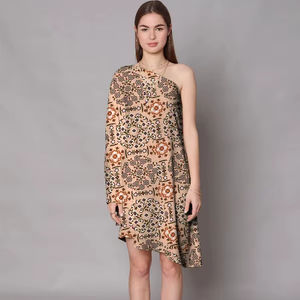 เดรสฤดูร้อนทำด้วยมือแบบอินเดียสำหรับผู้หญิงชุดเดรสเปิดไหล่ข้างเดียวพิมพ์ลายดอกไม้มีสไตล์แบบลำลองสำหรับเจ้าสาว - Product Image 1