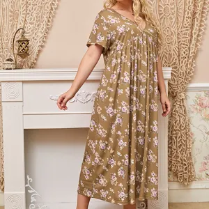 Robe de nuit à motif Floral pour femmes, nuisette en col v, pyjama, disponible en grandes tailles 3Xl, 4 Xl, 5Xl