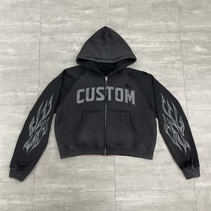 Sweat-shirt à capuche court personnalisé en molleton français vintage 100% coton 500 g/m², coupe ample, délavé à l'acide, décoloré par le soleil, impression DTG, effet usé - Product Image 2