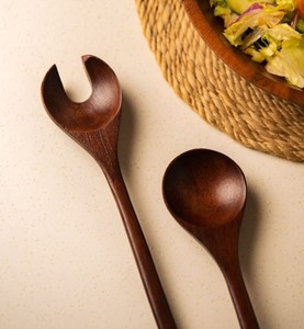 Juego de Cubiertos para Ensalada de Madera Oscura de Lujo, Acabado Liso, Duradero, Cuchara y Tenedor con Mango Largo para una Cocina y Comedor Elegantes - Product Image 3