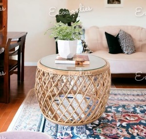 Tabouret rond en rotin fabriqué à la main en gros Ottoman en rotin naturel décoratif pour la maison pour la chambre et le salon Console en incrustation d'os - Product Image 2