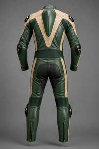 Traje de Motociclismo Unisex de Cuero Genuino Premium, Verde Beige, Manga Larga, Impermeable, Transpirable, con Bloques de Color, para Todas las Estaciones - Product Image 4