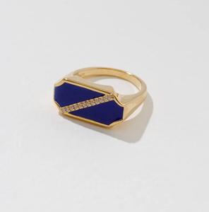 S925 14K Gold Plated <b>Chunky</b> Design Navy Enamel Cubic Zirconia <b>Ring</b> Customizable for Retail OEM ODM from Thailand - Product Image 1