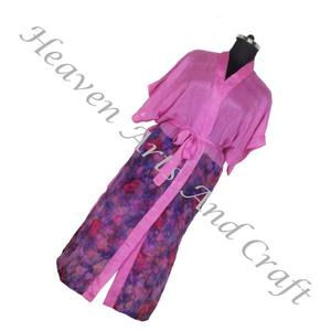 KL006 Mujeres abstractas Seda pura Vintage Sari Kimono Largo Tamaño libre Ajustable Vintage Sari Kimono Chaqueta larga Mujer Seda Vintage - Product Image 3