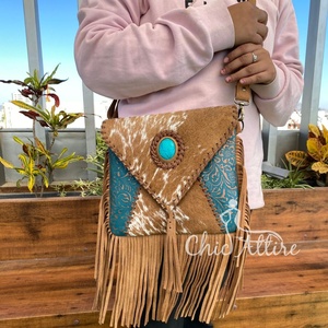 กระเป๋าถือหนังแท้ใหม่กระเป๋าถือหนังวัวขอบ2024ขายดีกระเป๋าสตางค์คาดลำตัวกระเป๋าสะพายหินสีเทอร์ควอยซ์สไตล์ตะวันตก - Product Image 1