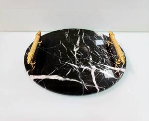 Plateau en pierre de marbre noir de haute qualité pour la décoration intérieure plateau de service de Fruits de taille personnalisée avec poignée en laiton meilleur prix - Product Image 1