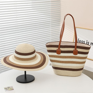 Set 2 Pezzi da <span class=keywords><strong>Donna</strong></span>: <span class=keywords><strong>Borsa</strong></span> Tote in Paglia Intrecciata e Cappello di Paglia con Protezione Solare, <span class=keywords><strong>Borsa</strong></span> a Spalla a Righe Grande Capacità per la Spiaggia - Product Image 1