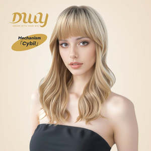 Cybil-DWY 22-Inch Glueless Synthetic <b>Wig</b> for Women Machine-Made Mid-Length Wave <b>Bob</b> with Dark Roots and Transparent Lace Bangs - Product Image 1